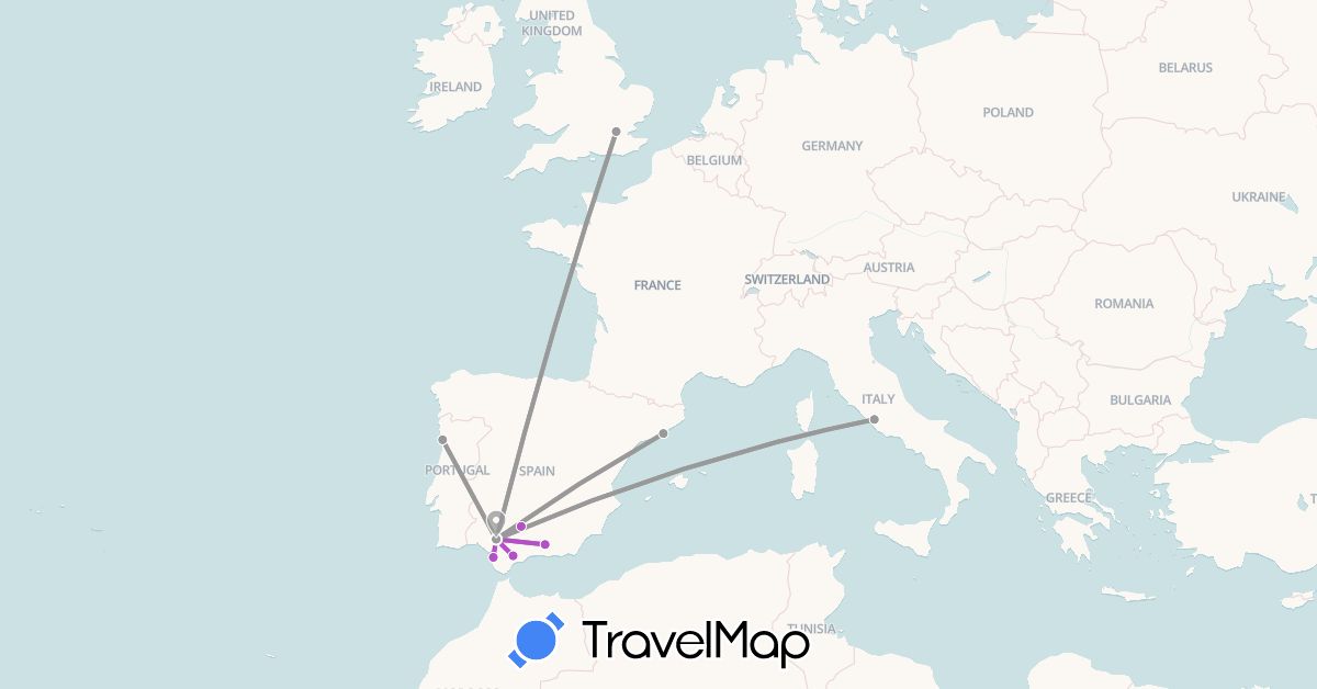 TravelMap itinerary: driving, plane, train in Spain, United Kingdom, Italy, Portugal (Europe)
